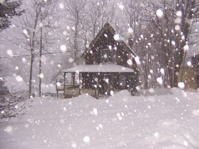 Cottage in snowstorm in the village of Bayside on the coast of Maine