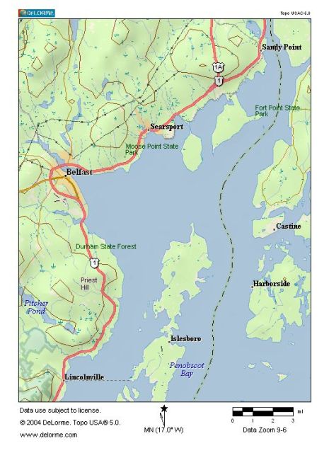 Map of Belfast & Islesboro area of midcoast Maine. Includes Belfast, Lincolnville, Northport, Islesboro