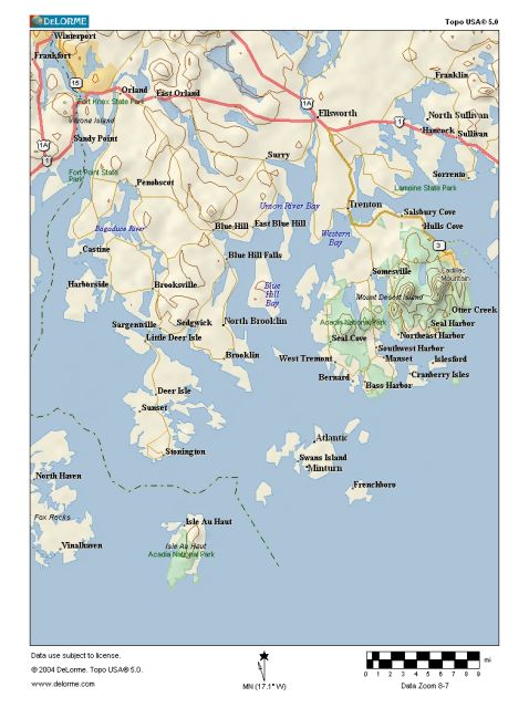 Map of the Blue Hill - Bar Harbor region of mid-coast Maine. Includes Blue Hill, Bar Harbor, Ellsworth, Castine, Deer Isle, Stonington, Northeast Harbor, Southwest Harbor