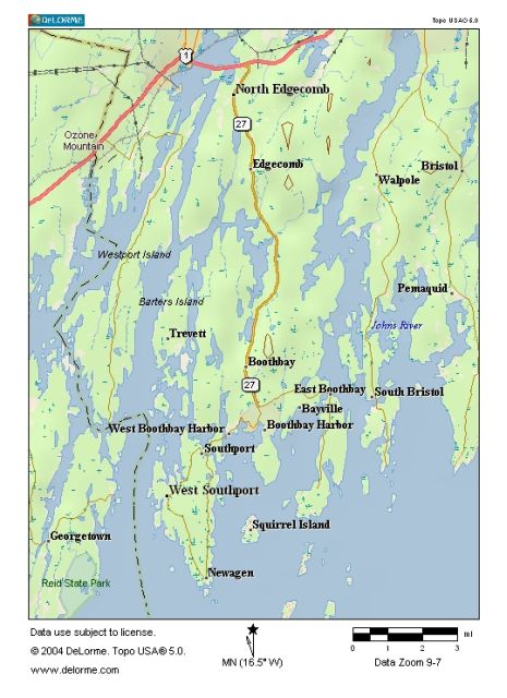 Map of Boothbay - Boothbay Harbor region of mid-coast Maine. Includes, Boothbay, Boothbay Harbor, Southport, Edgecomb