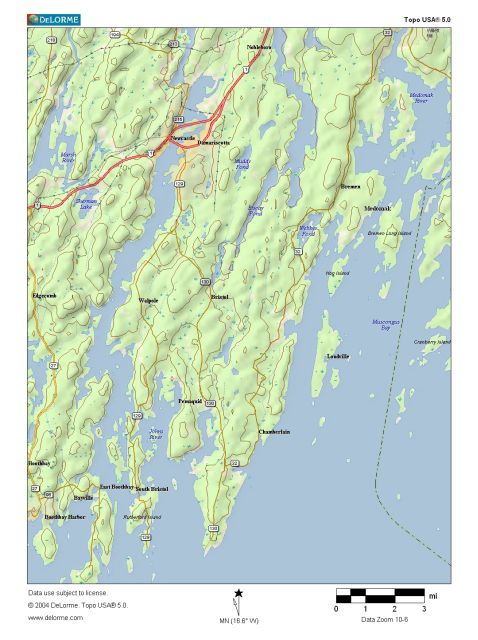 Map of Damariscotta - Bristol region of mid-coast Maine. Includes Damariscotta, Newcastle, Bristol, South Bristol, Pemaquid, Wiscasset
