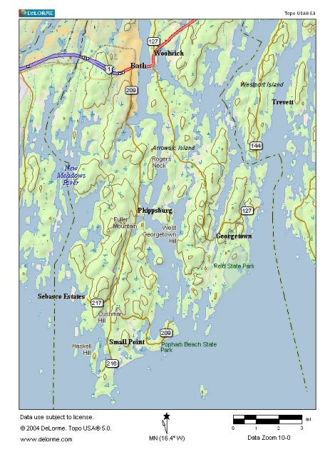 Map of Georgetown - Phippsburg region of mid-coast Maine. Includes Georgetown, Phippsburg, Bath, Arrowsic,