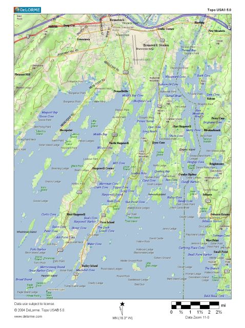 Harpswell - Brunswick region map of mid-coast Maine. Includes Harpswell, Cundy's Harbor, Orrs Island, Bailey Island