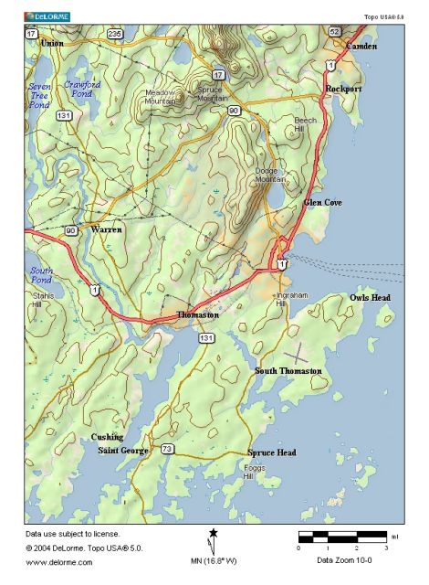 Map of Rockland - Thomaston - Tenants Harbor region of mid-coast Maine. Includes Rockland, Thomaston, Owlshead, Tenants Harbor, Port Clyde, Friendship, Cushing