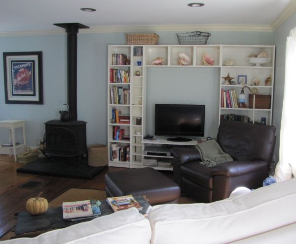 Livingroom of a real estate listing on the coast of Maine with Views of the harbor in Belfast, Maine
