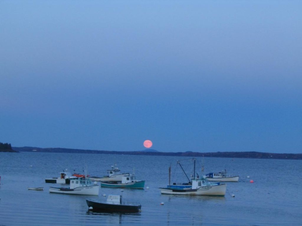 Maine's Lobsterboats - Moonrise Over Lincolnville Beach Maine 